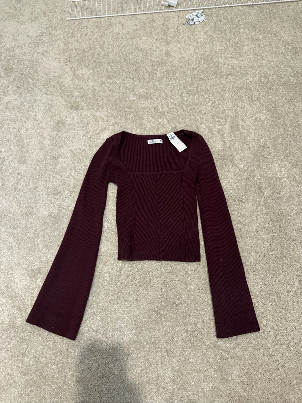 Hollister Women's Long-Sleeve Ribbed Square Neck Top - Burgundy